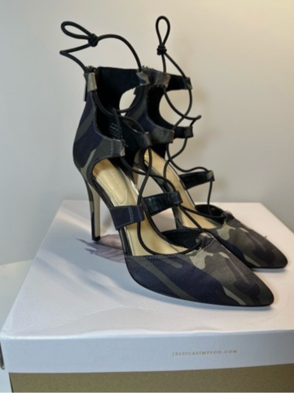 Jessica Simpson Camouflage Lace-Up Pointed Heels - Black/Olive